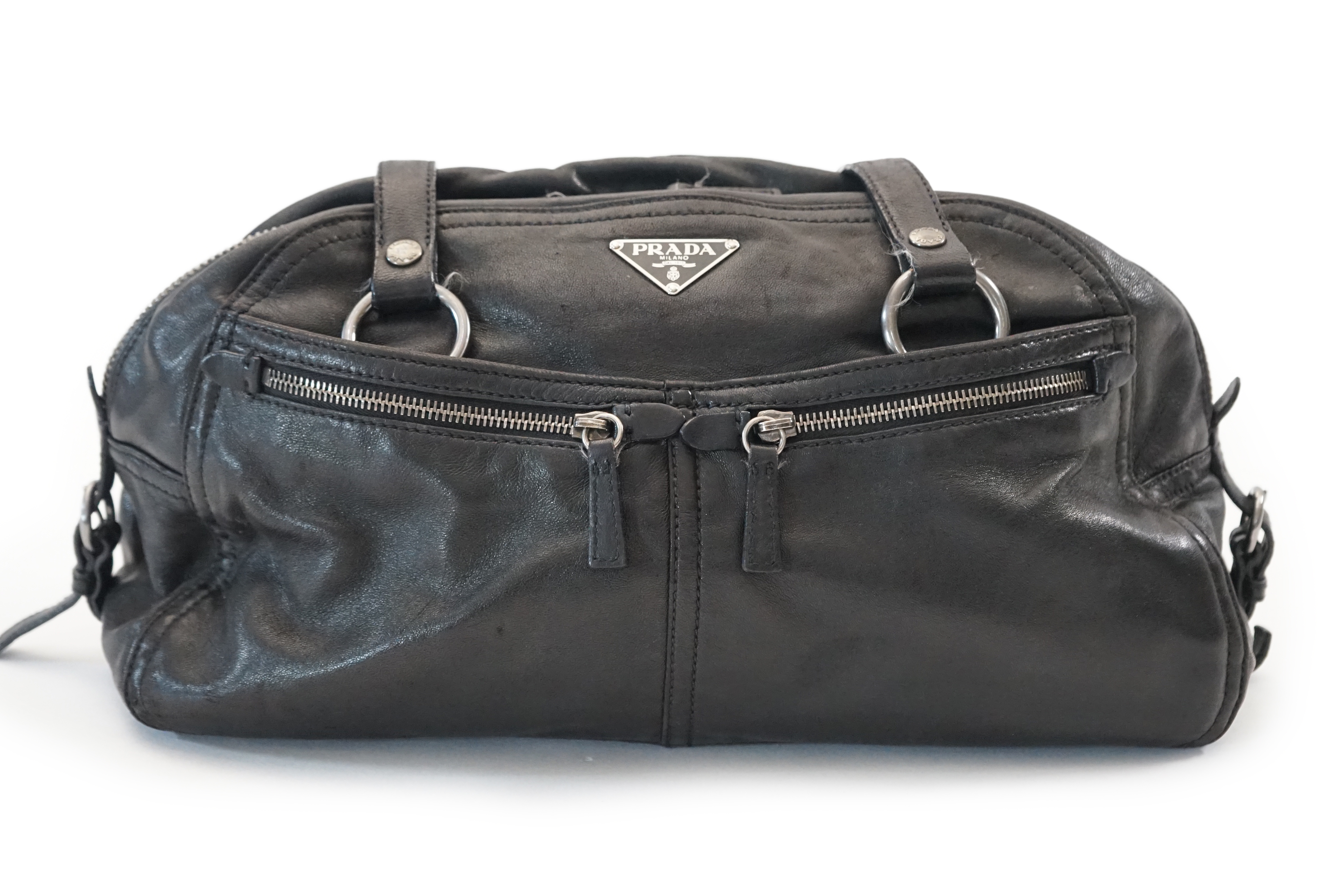 A Prada Cargo black leather handbag, width 38cm, depth 12cm, height approx 22cm